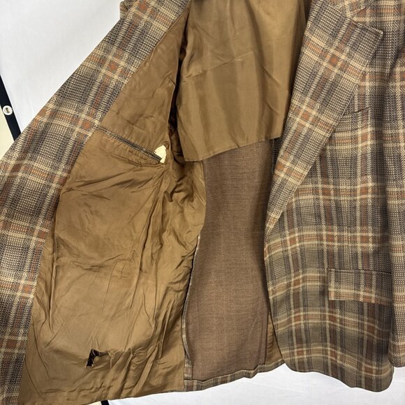 Vintage Sears Men 44 Brown Plaid Sport Coat 60s 70s Retro Wool Herb Wkrp Disco - Picture 7 of 8